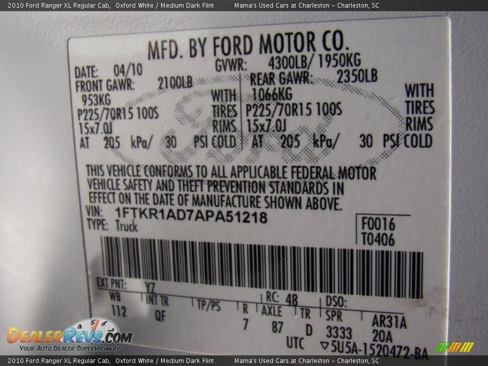 2010 Ford Ranger XL Regular Cab Oxford White / Medium Dark Flint Photo #17