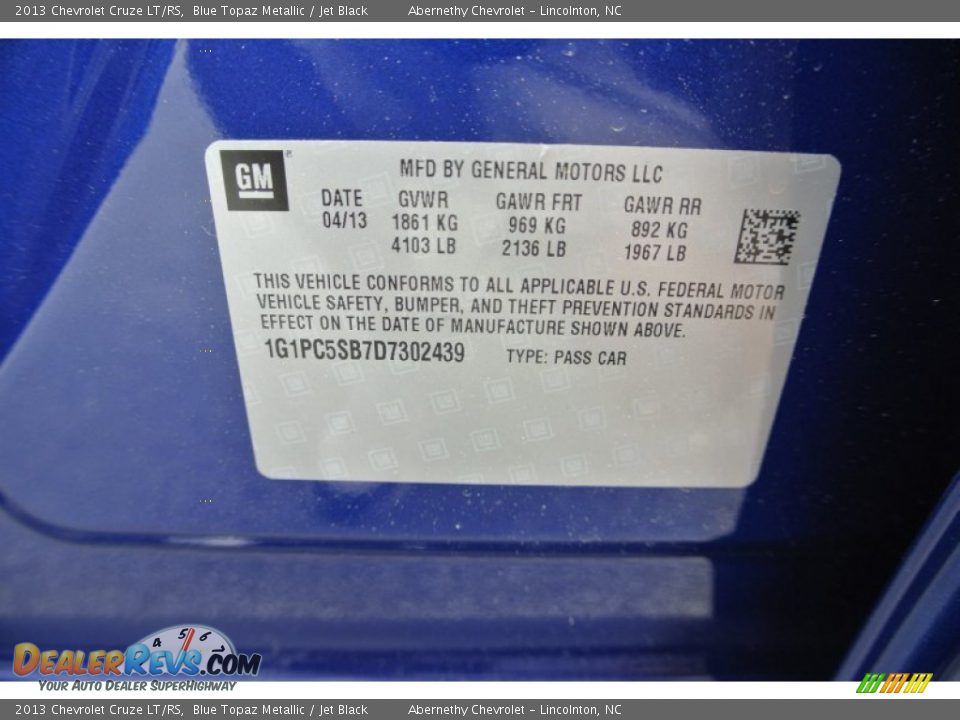 2013 Chevrolet Cruze LT/RS Blue Topaz Metallic / Jet Black Photo #7