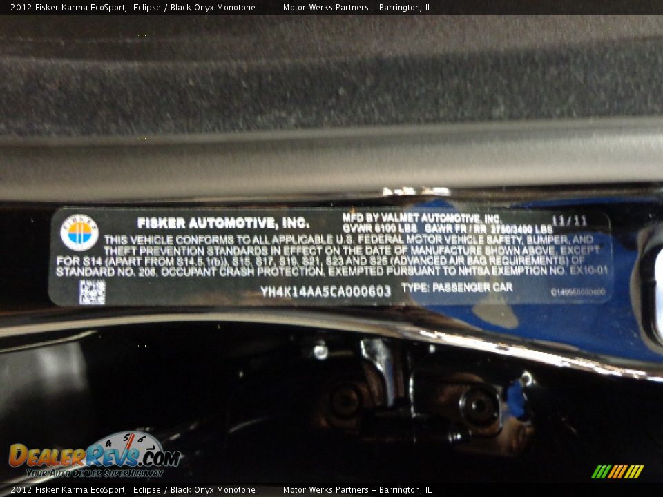 Info Tag of 2012 Fisker Karma EcoSport Photo #34