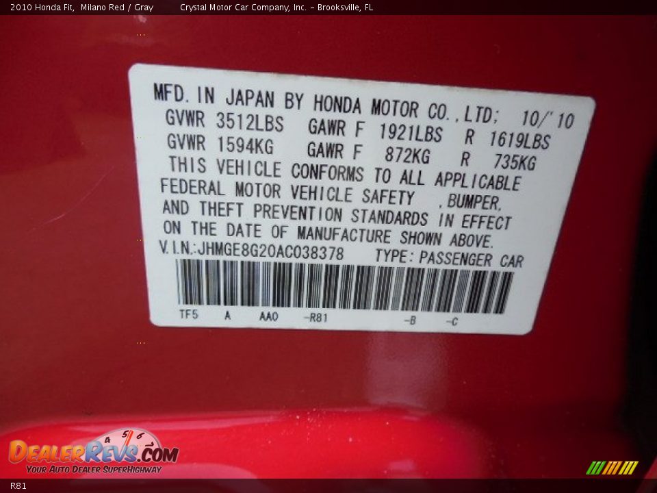 Honda Color Code R81 Milano Red