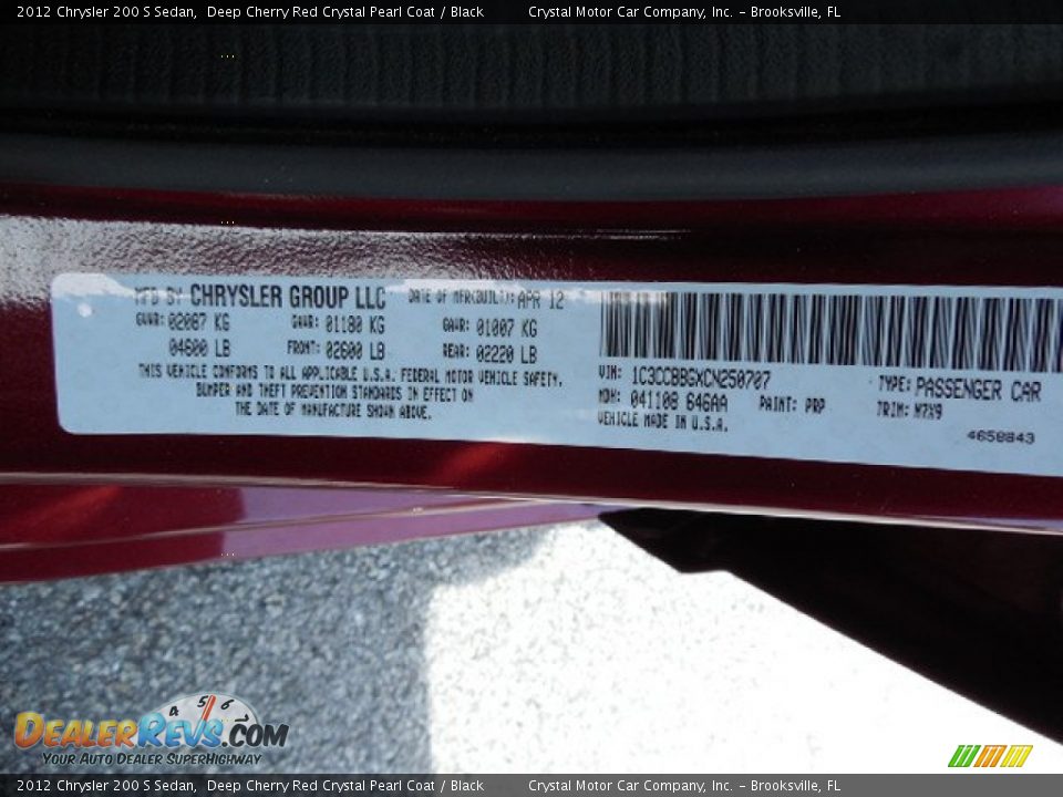 2012 Chrysler 200 S Sedan Deep Cherry Red Crystal Pearl Coat / Black Photo #22