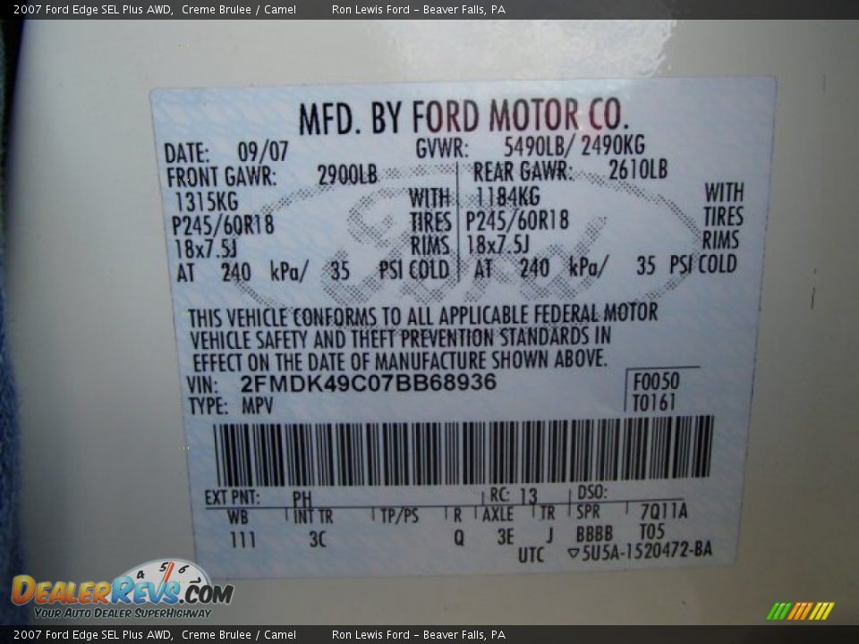 2007 Ford Edge SEL Plus AWD Creme Brulee / Camel Photo #20