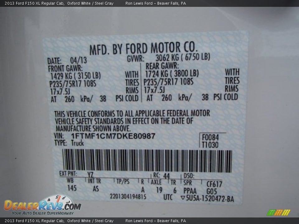 2013 Ford F150 XL Regular Cab Oxford White / Steel Gray Photo #20
