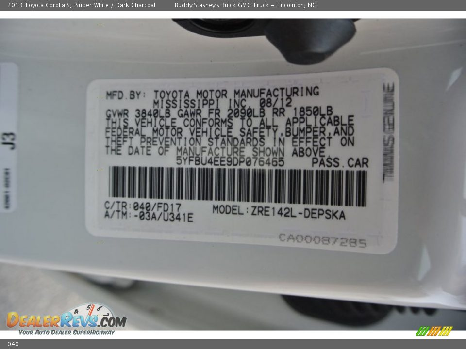 Toyota Color Code 040 Super White