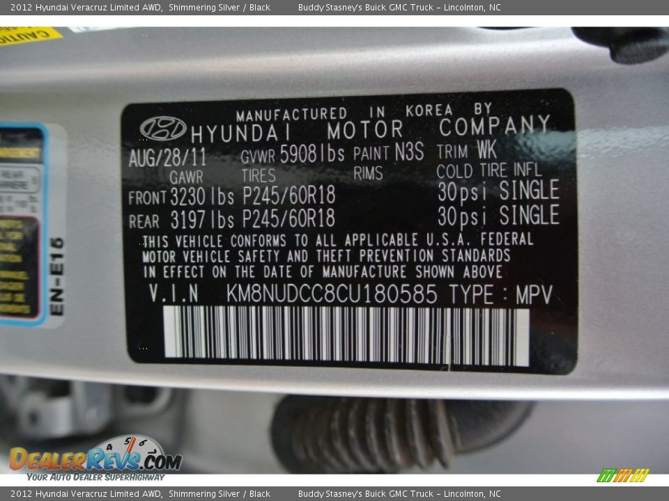 2012 Hyundai Veracruz Limited AWD Shimmering Silver / Black Photo #7