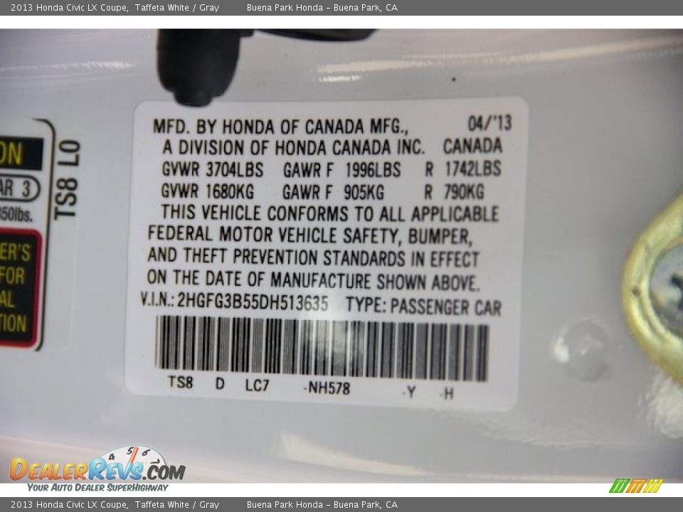 2013 Honda Civic LX Coupe Taffeta White / Gray Photo #17