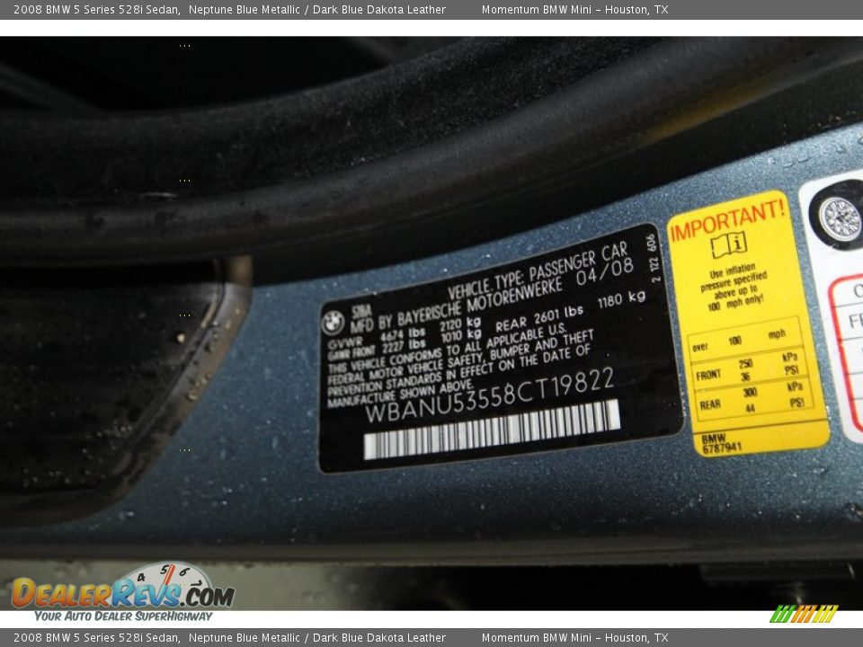 2008 BMW 5 Series 528i Sedan Neptune Blue Metallic / Dark Blue Dakota Leather Photo #9