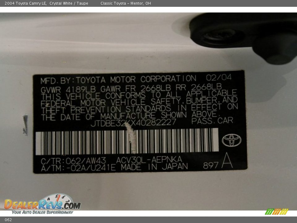 Toyota Color Code 062 Crystal White