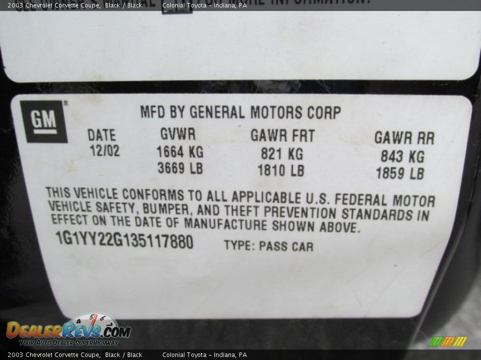 Info Tag of 2003 Chevrolet Corvette Coupe Photo #19