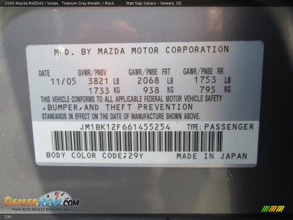 Mazda Color Code 29Y Titanium Gray Metallic