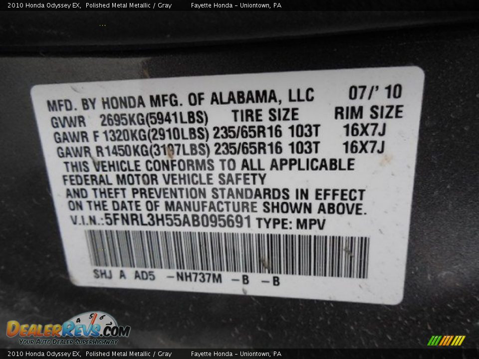 2010 Honda Odyssey EX Polished Metal Metallic / Gray Photo #9