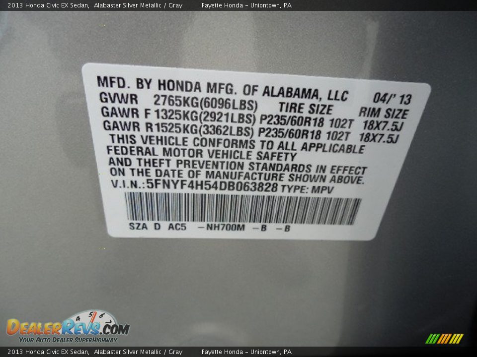 2013 Honda Civic EX Sedan Alabaster Silver Metallic / Gray Photo #9