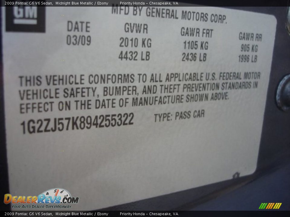 2009 Pontiac G6 V6 Sedan Midnight Blue Metallic / Ebony Photo #20