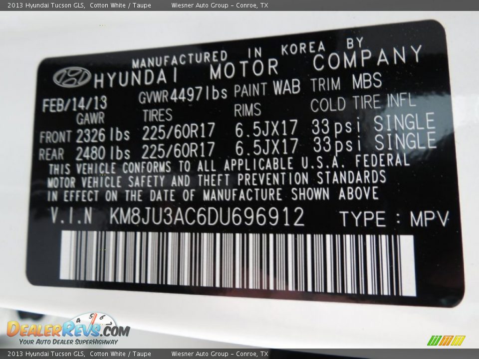 2013 Hyundai Tucson GLS Cotton White / Taupe Photo #6
