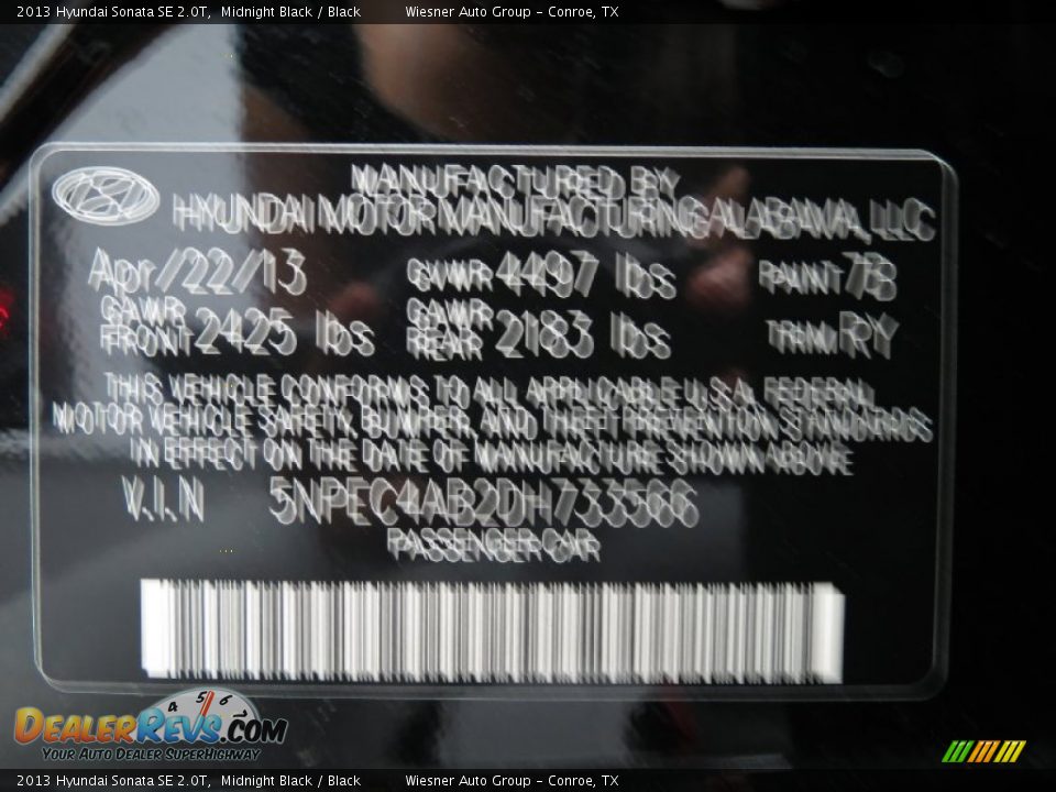 2013 Hyundai Sonata SE 2.0T Midnight Black / Black Photo #9