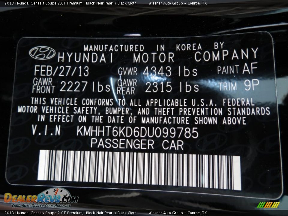 2013 Hyundai Genesis Coupe 2.0T Premium Black Noir Pearl / Black Cloth Photo #7