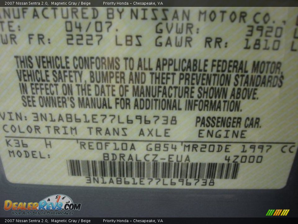 2007 Nissan Sentra 2.0 Magnetic Gray / Beige Photo #22