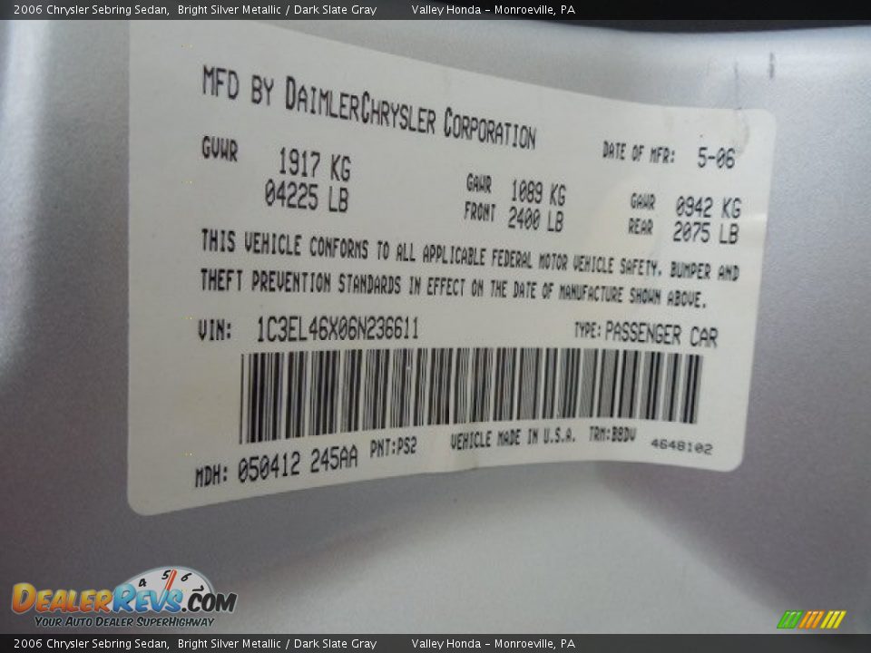 2006 Chrysler Sebring Sedan Bright Silver Metallic / Dark Slate Gray Photo #14