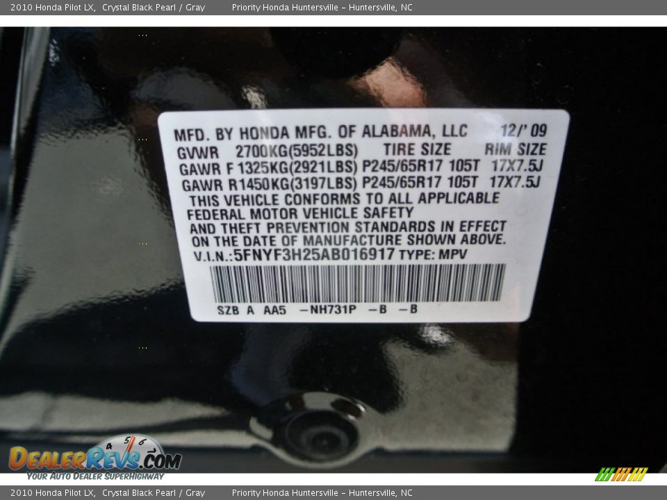 2010 Honda Pilot LX Crystal Black Pearl / Gray Photo #7