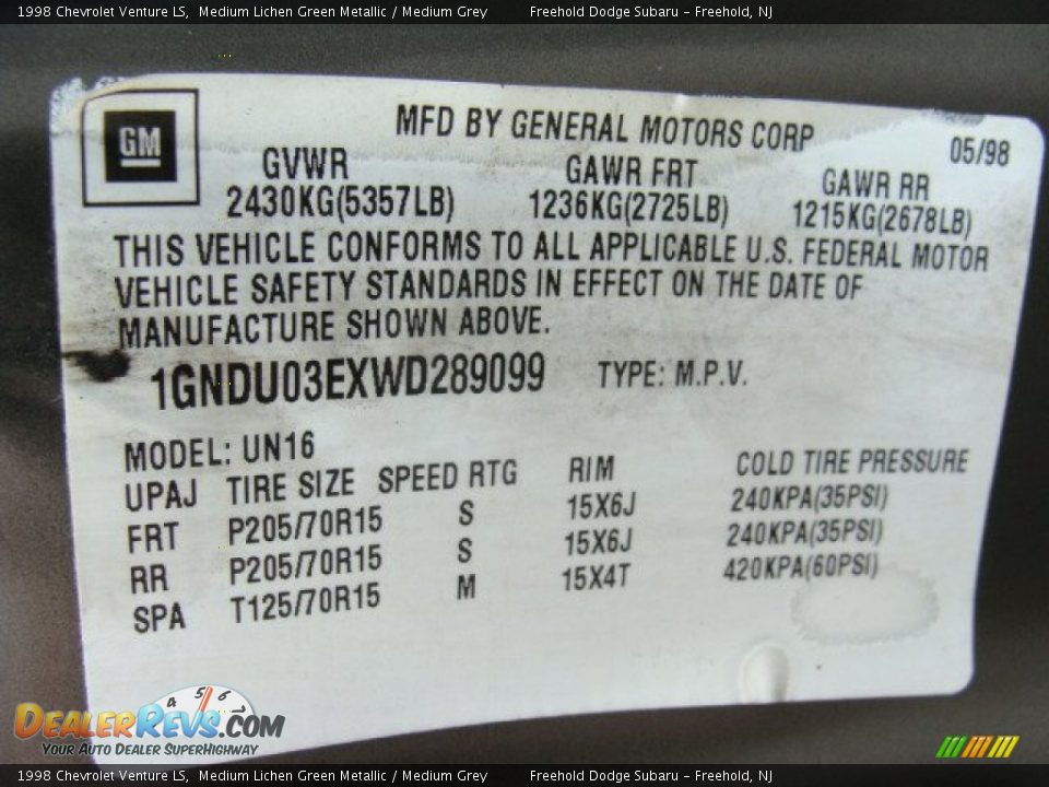 1998 Chevrolet Venture LS Medium Lichen Green Metallic / Medium Grey Photo #14