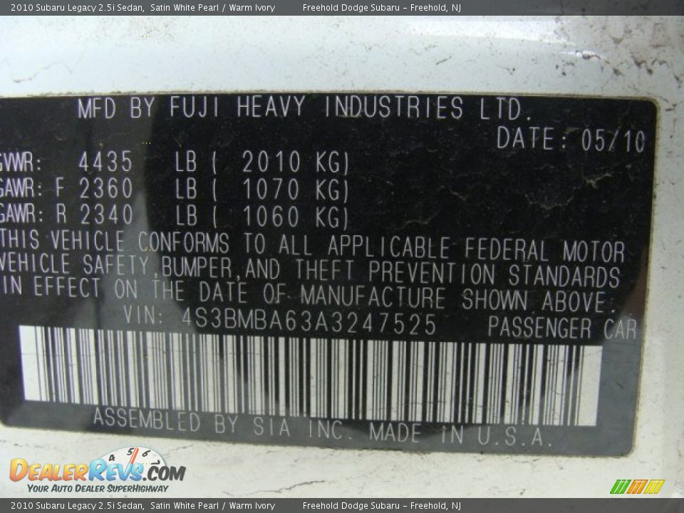 2010 Subaru Legacy 2.5i Sedan Satin White Pearl / Warm Ivory Photo #15