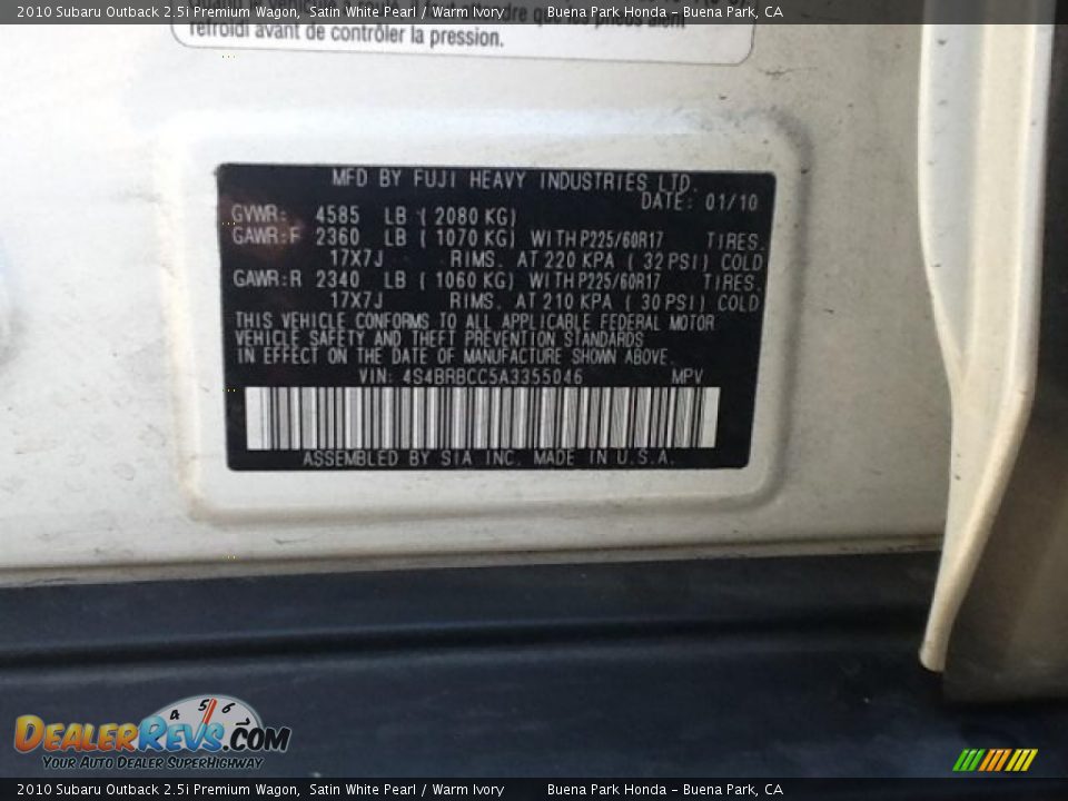 2010 Subaru Outback 2.5i Premium Wagon Satin White Pearl / Warm Ivory Photo #6