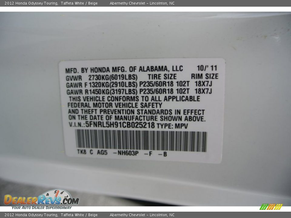2012 Honda Odyssey Touring Taffeta White / Beige Photo #7