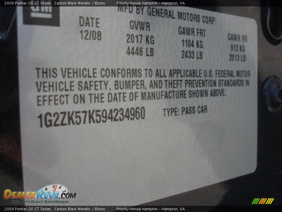 2009 Pontiac G6 GT Sedan Carbon Black Metallic / Ebony Photo #21