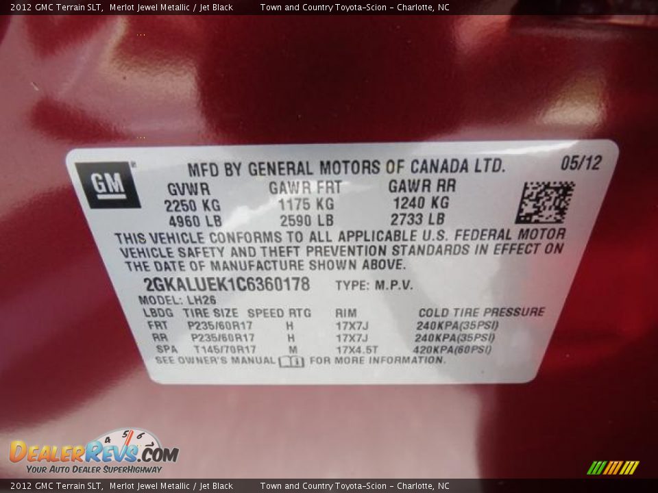 Info Tag of 2012 GMC Terrain SLT Photo #11