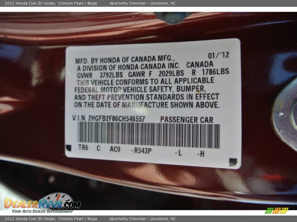 2012 Honda Civic EX Sedan Crimson Pearl / Beige Photo #7