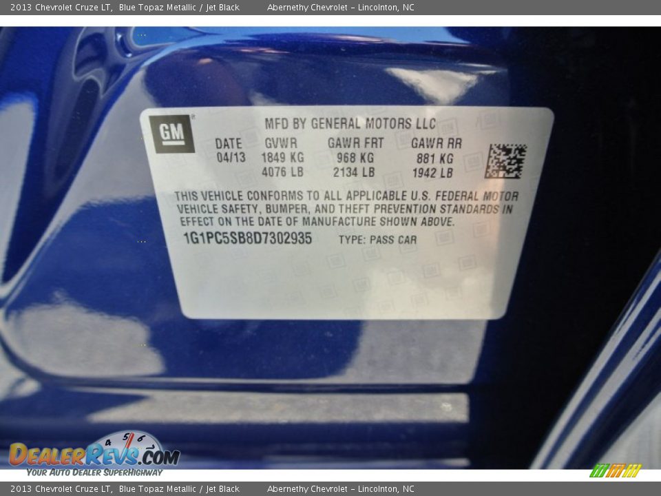 2013 Chevrolet Cruze LT Blue Topaz Metallic / Jet Black Photo #7