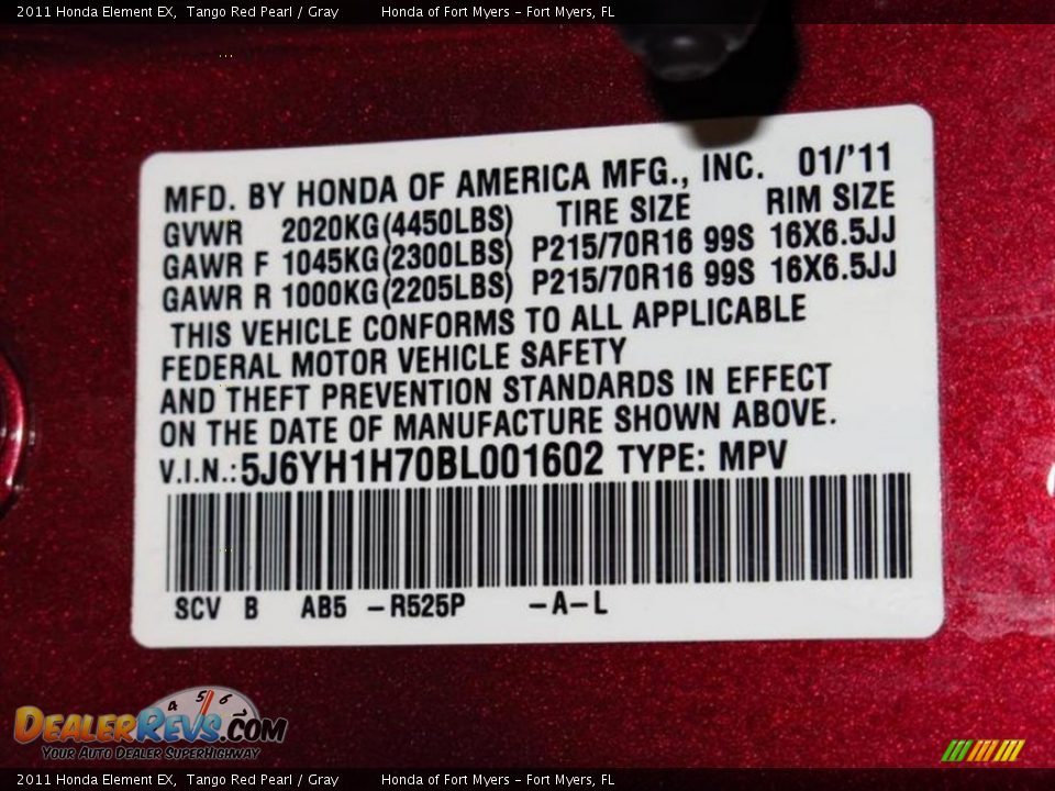 2011 Honda Element EX Tango Red Pearl / Gray Photo #25