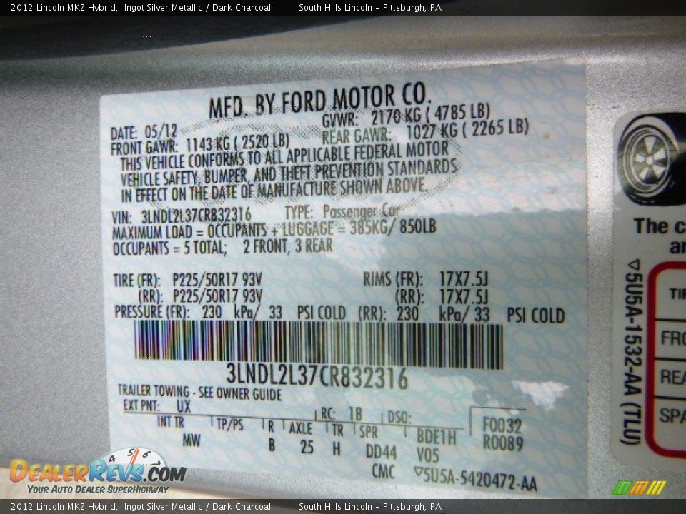 2012 Lincoln MKZ Hybrid Ingot Silver Metallic / Dark Charcoal Photo #24