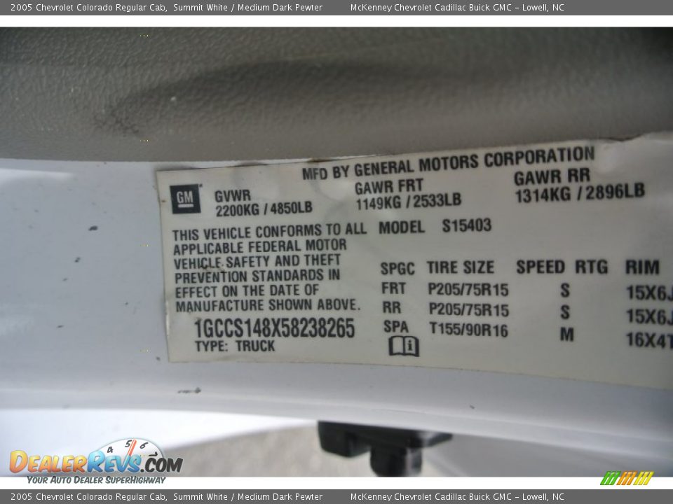 2005 Chevrolet Colorado Regular Cab Summit White / Medium Dark Pewter Photo #7