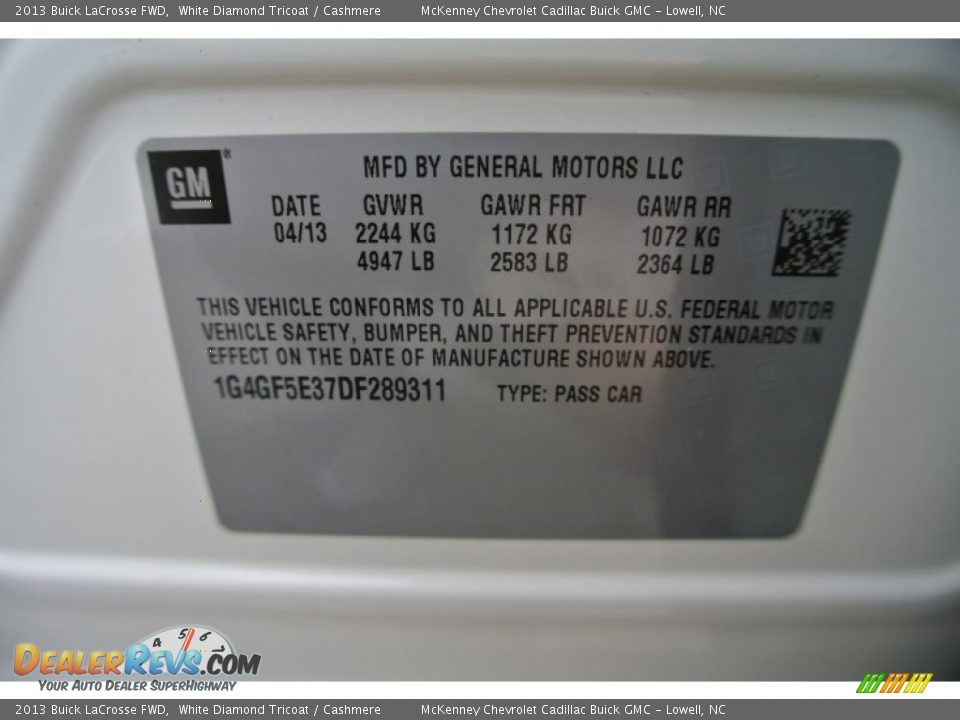 2013 Buick LaCrosse FWD White Diamond Tricoat / Cashmere Photo #7