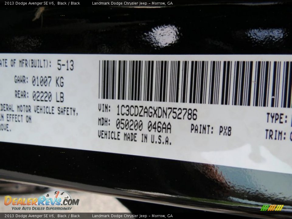 2013 Dodge Avenger SE V6 Black / Black Photo #10