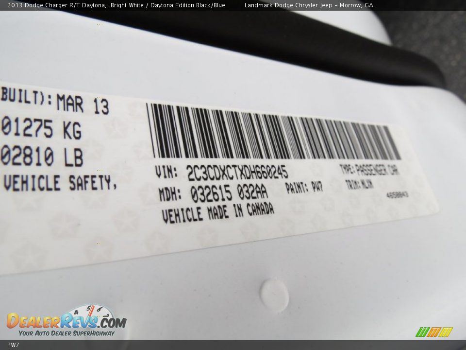 Dodge Color Code PW7 Bright White