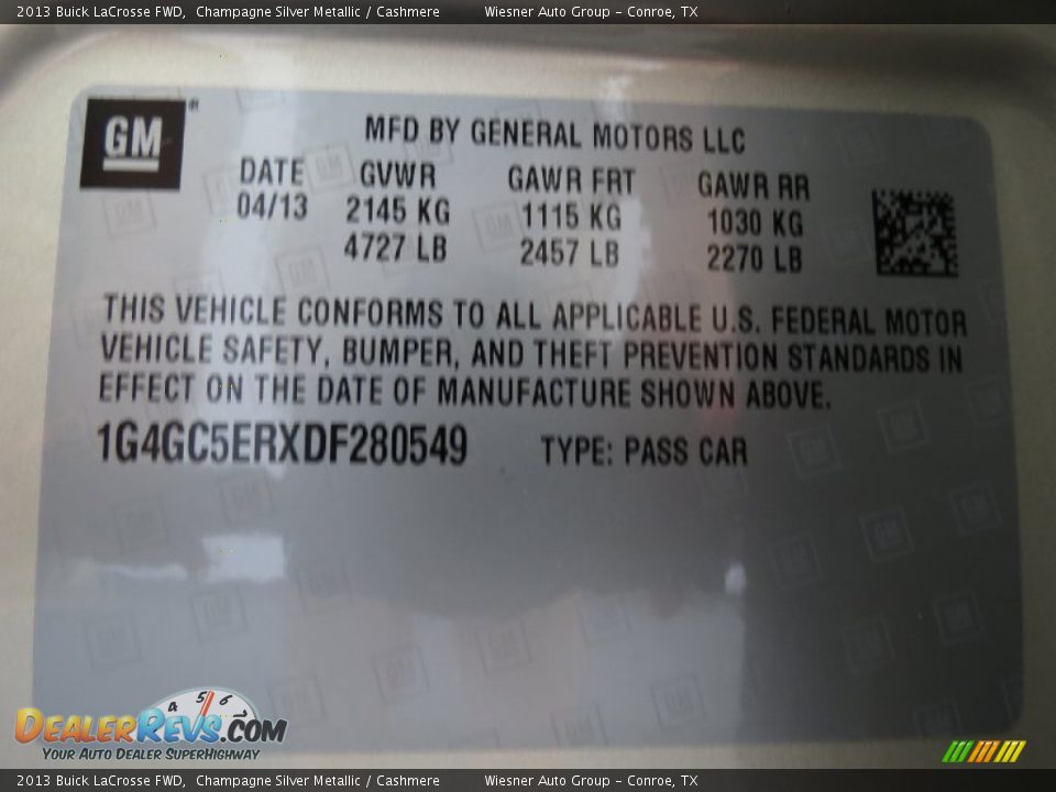 2013 Buick LaCrosse FWD Champagne Silver Metallic / Cashmere Photo #6
