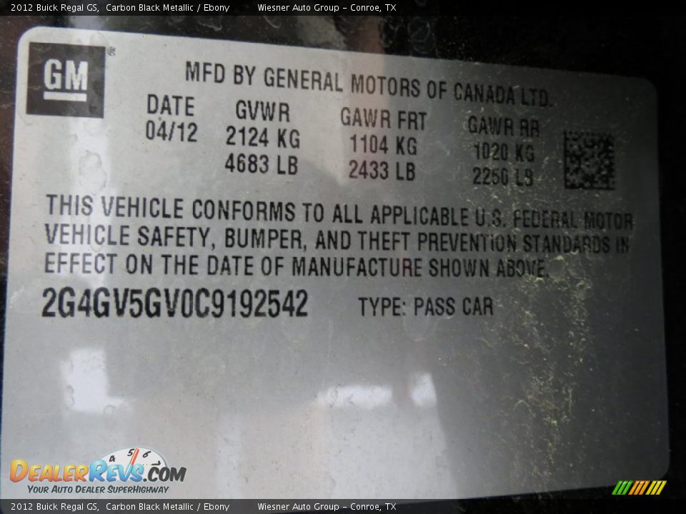 2012 Buick Regal GS Carbon Black Metallic / Ebony Photo #6