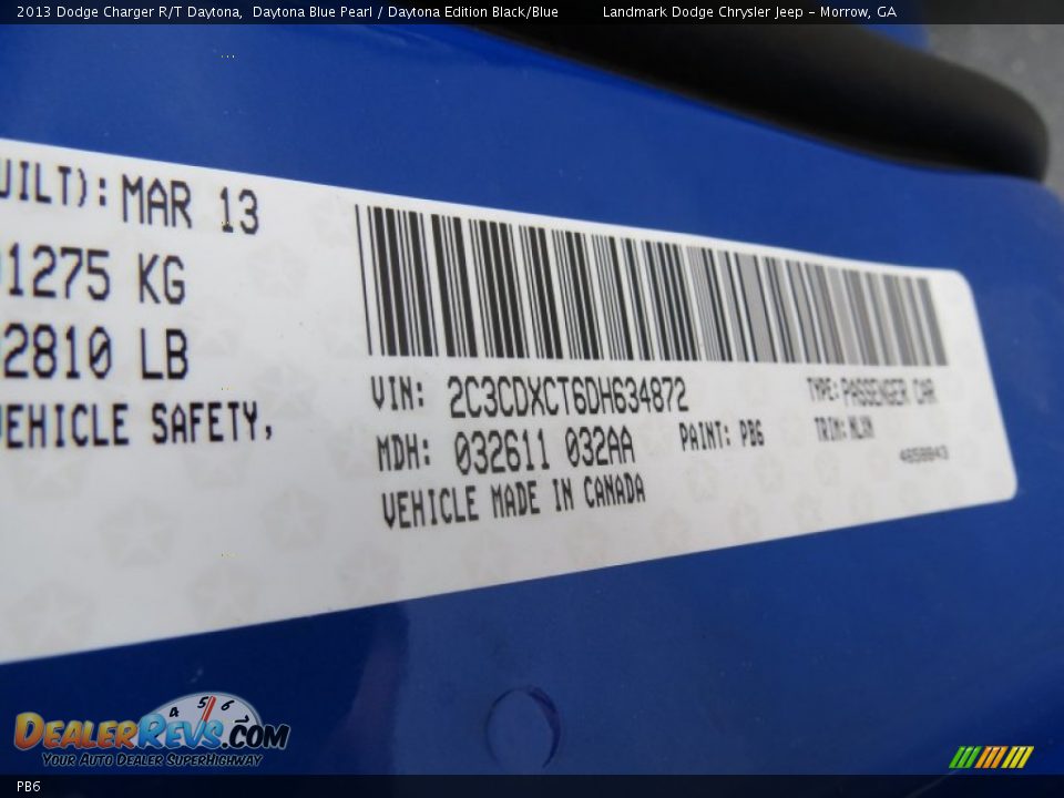 Dodge Color Code PB6 Daytona Blue Pearl