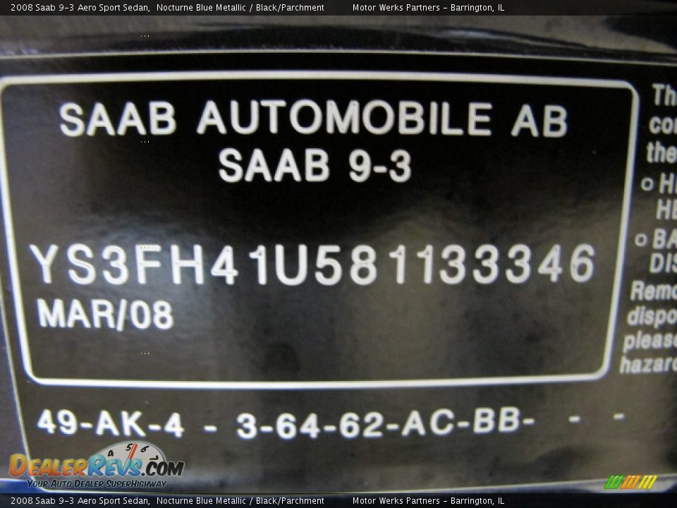 2008 Saab 9-3 Aero Sport Sedan Nocturne Blue Metallic / Black/Parchment Photo #35