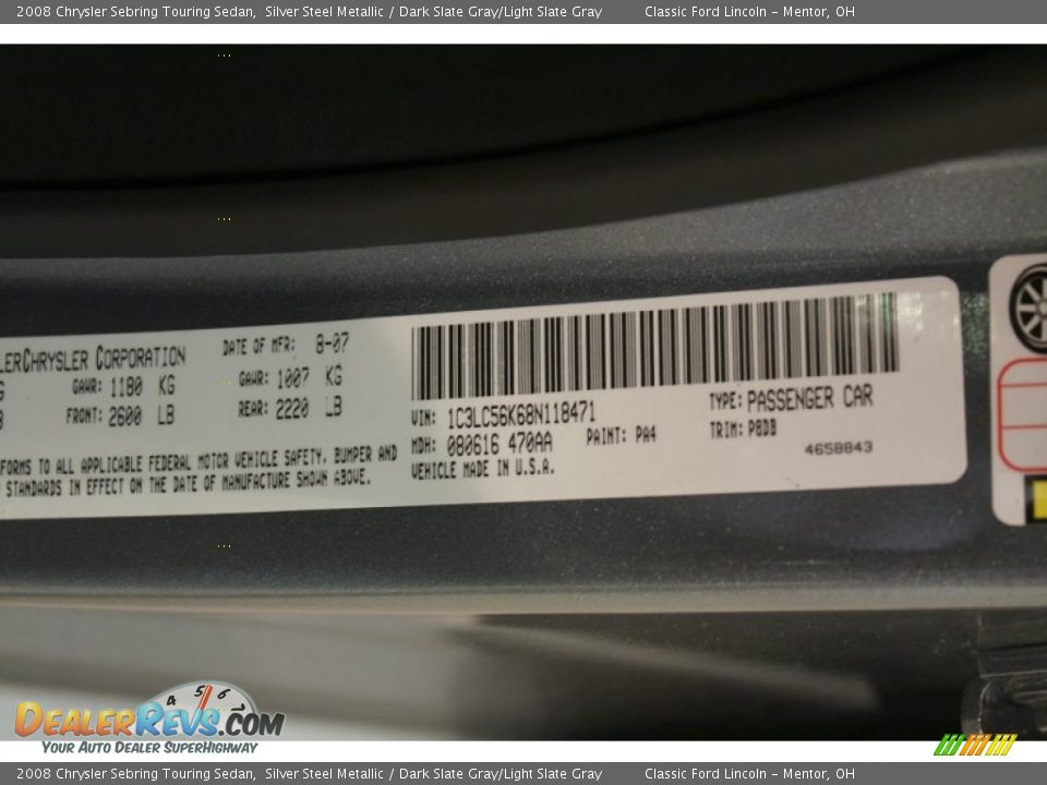 2008 Chrysler Sebring Touring Sedan Silver Steel Metallic / Dark Slate Gray/Light Slate Gray Photo #17