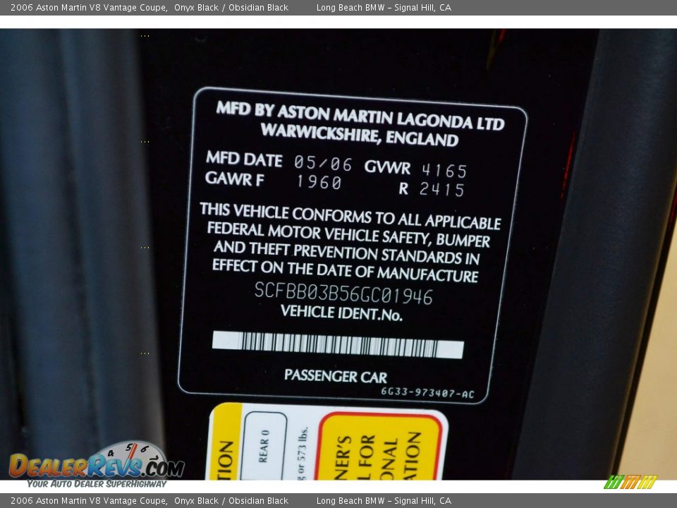 Info Tag of 2006 Aston Martin V8 Vantage Coupe Photo #8