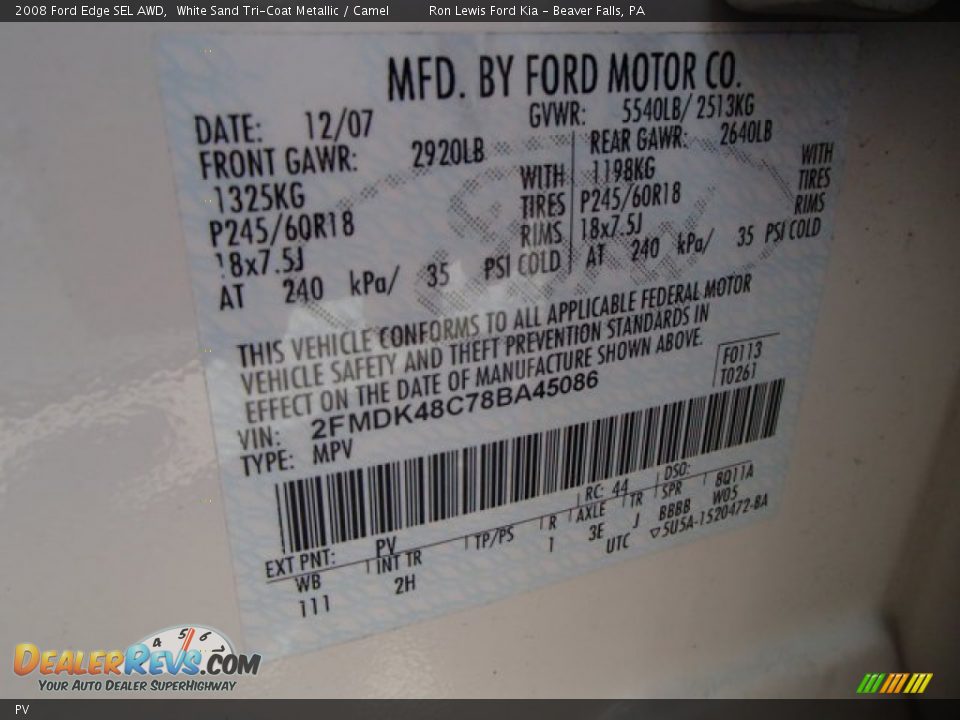 Ford Color Code PV White Sand Tri-Coat Metallic