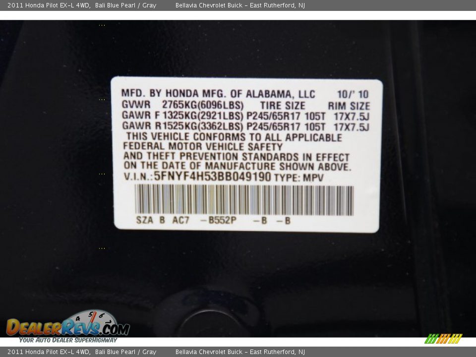 2011 Honda Pilot EX-L 4WD Bali Blue Pearl / Gray Photo #13