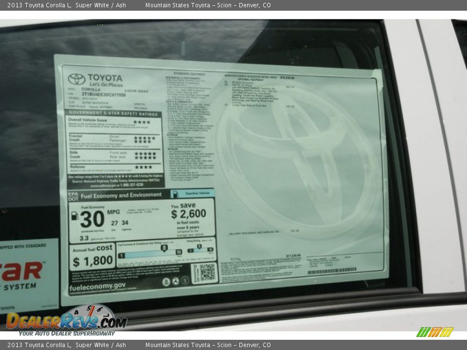 2013 Toyota Corolla L Super White / Ash Photo #10