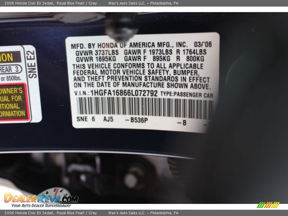 2006 Honda Civic EX Sedan Royal Blue Pearl / Gray Photo #32