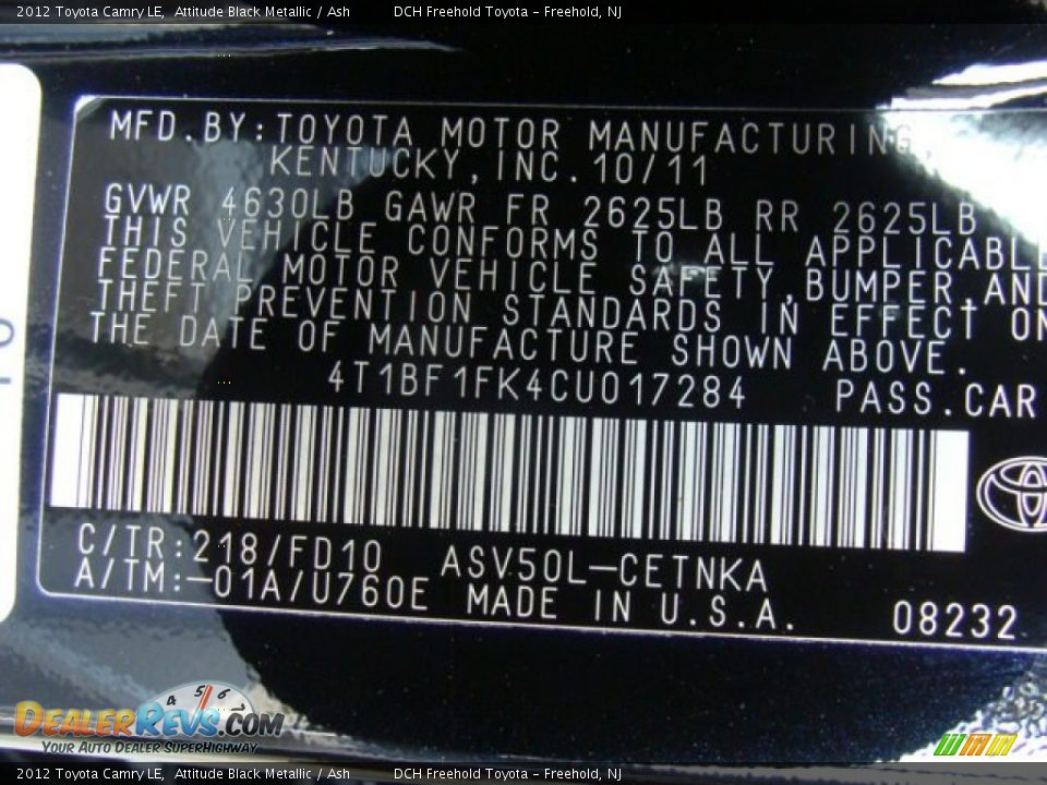 2012 Toyota Camry LE Attitude Black Metallic / Ash Photo #14