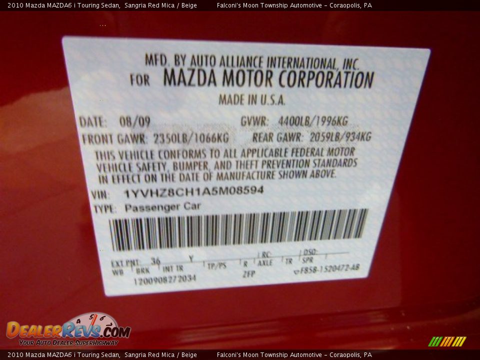 2010 Mazda MAZDA6 i Touring Sedan Sangria Red Mica / Beige Photo #24
