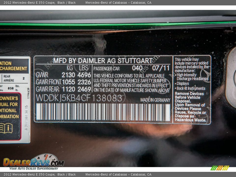 2012 Mercedes-Benz E 350 Coupe Black / Black Photo #19